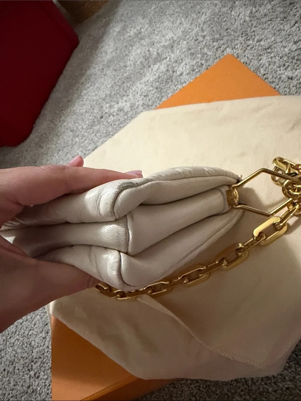 Louis Vuitton Cream Coussin PM Crossbody Bag with Gold Chain & adjustable strap